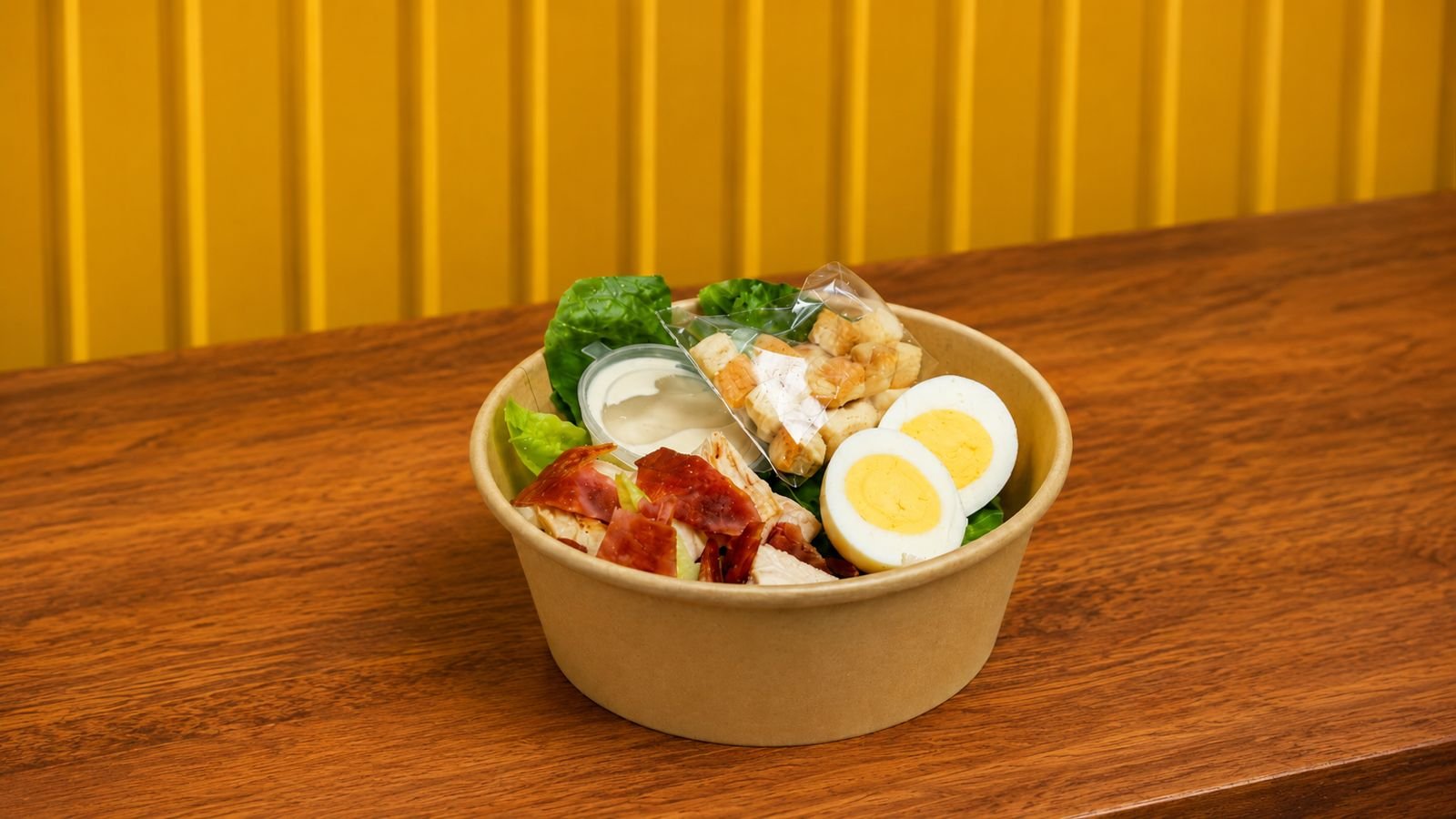 Chicken and egg salad with lettuce, croutons and dressing in a kraft bowl at Le Feast