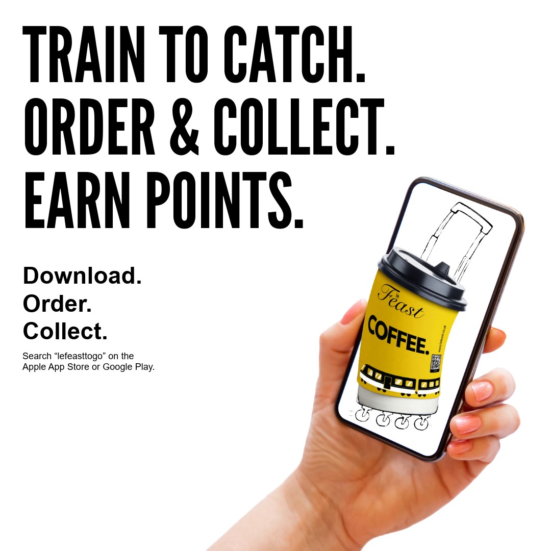 Le Feast To Go app advert showing a phone and coffee cup with order, collect and loyalty messaging